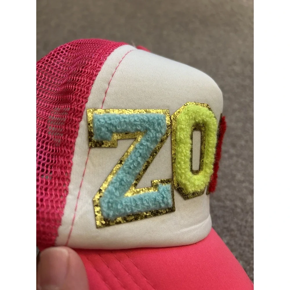 Y2K Vintage Trucker Hat Girls OS Pink Excellent Zoey Chenille Glitter Patch Mesh